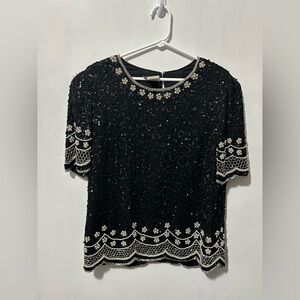 Exotica vintage Elegant Black Beaded Women's Top 100% silk
